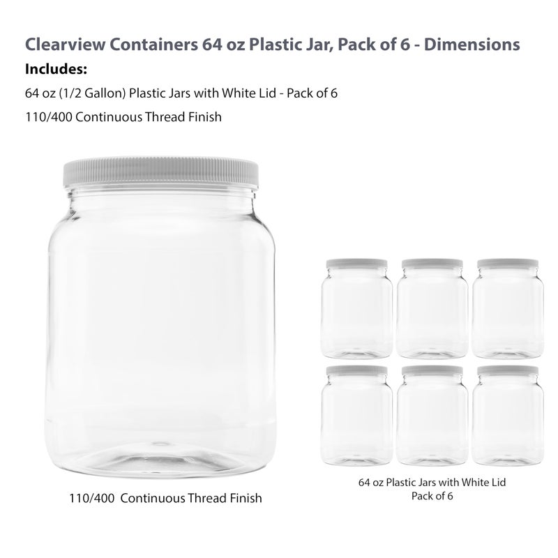 CLEARVIEW CONTAINERS Plastic Storage Jars with Leak Proof Lids, BPA Free, Hand Wash Only (64oz, 6PK White) - Image 2